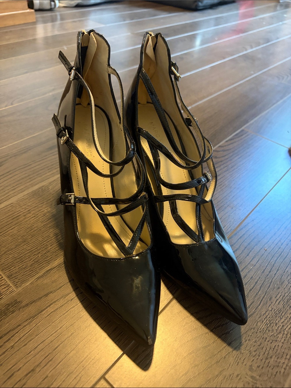 Black Patent Strappy Pointed-Toe Women’s Heels. Marc fisher